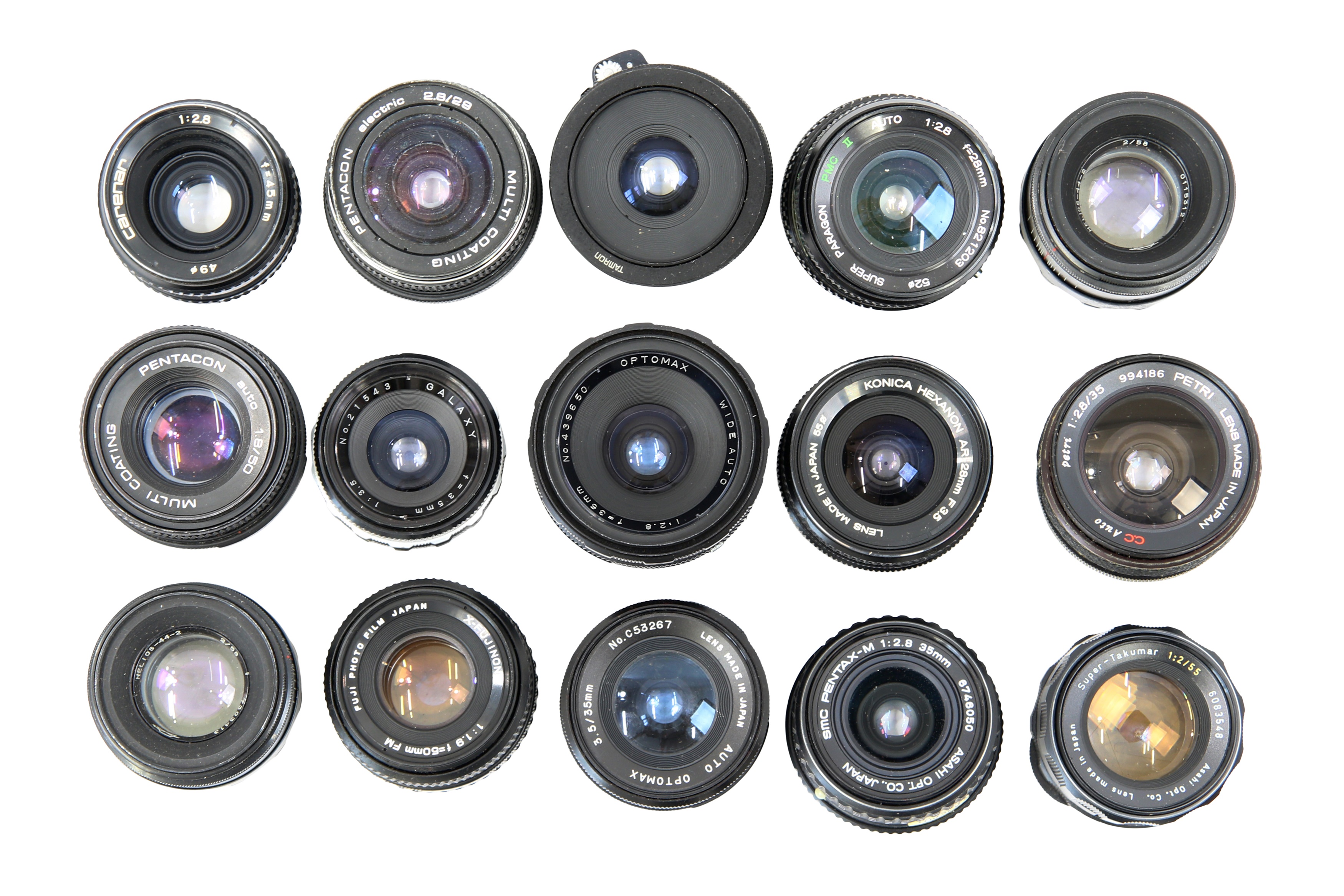 Fifteen 35mm Camera Prime Lenses.