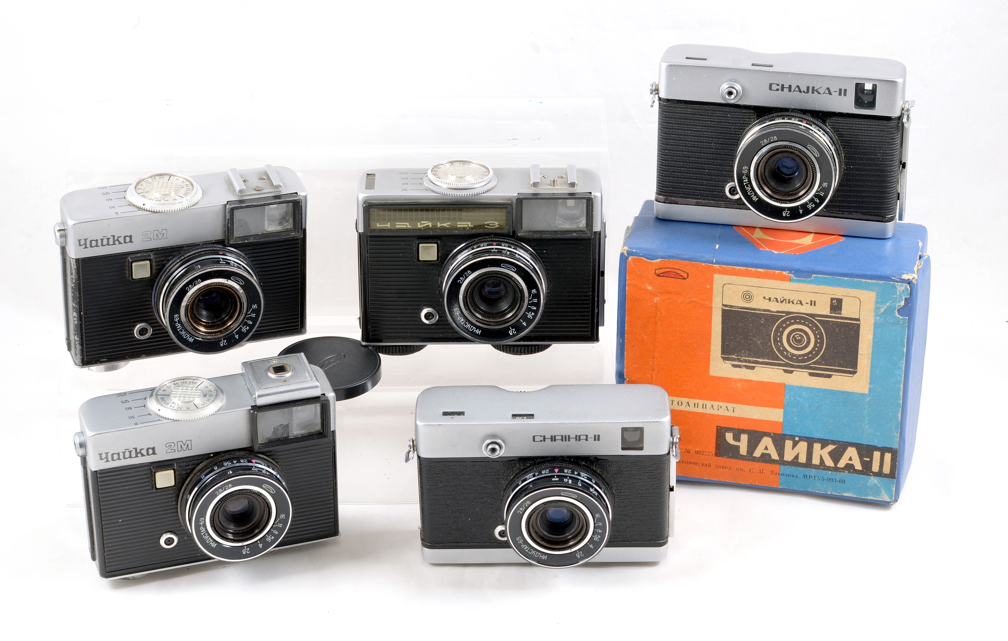 Group of Five 1970s Soviet Half-Frame Cameras by MMZ Belomo.