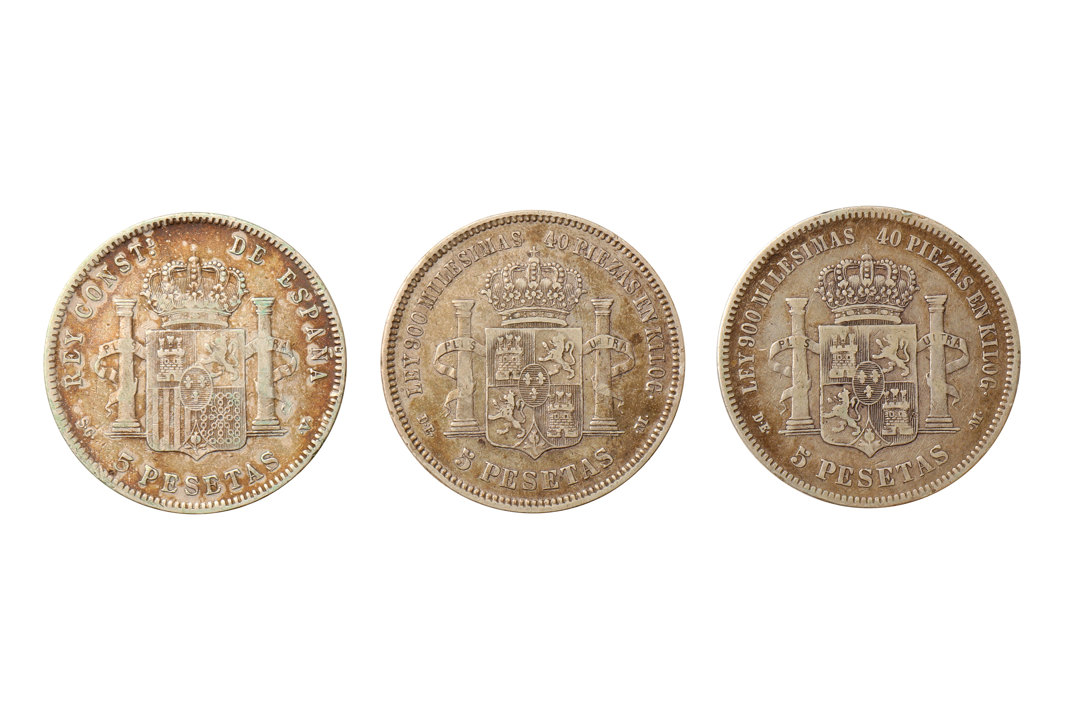 SPAIN, 3X SILVER FIVE PESETA COINS - Image 2 of 2