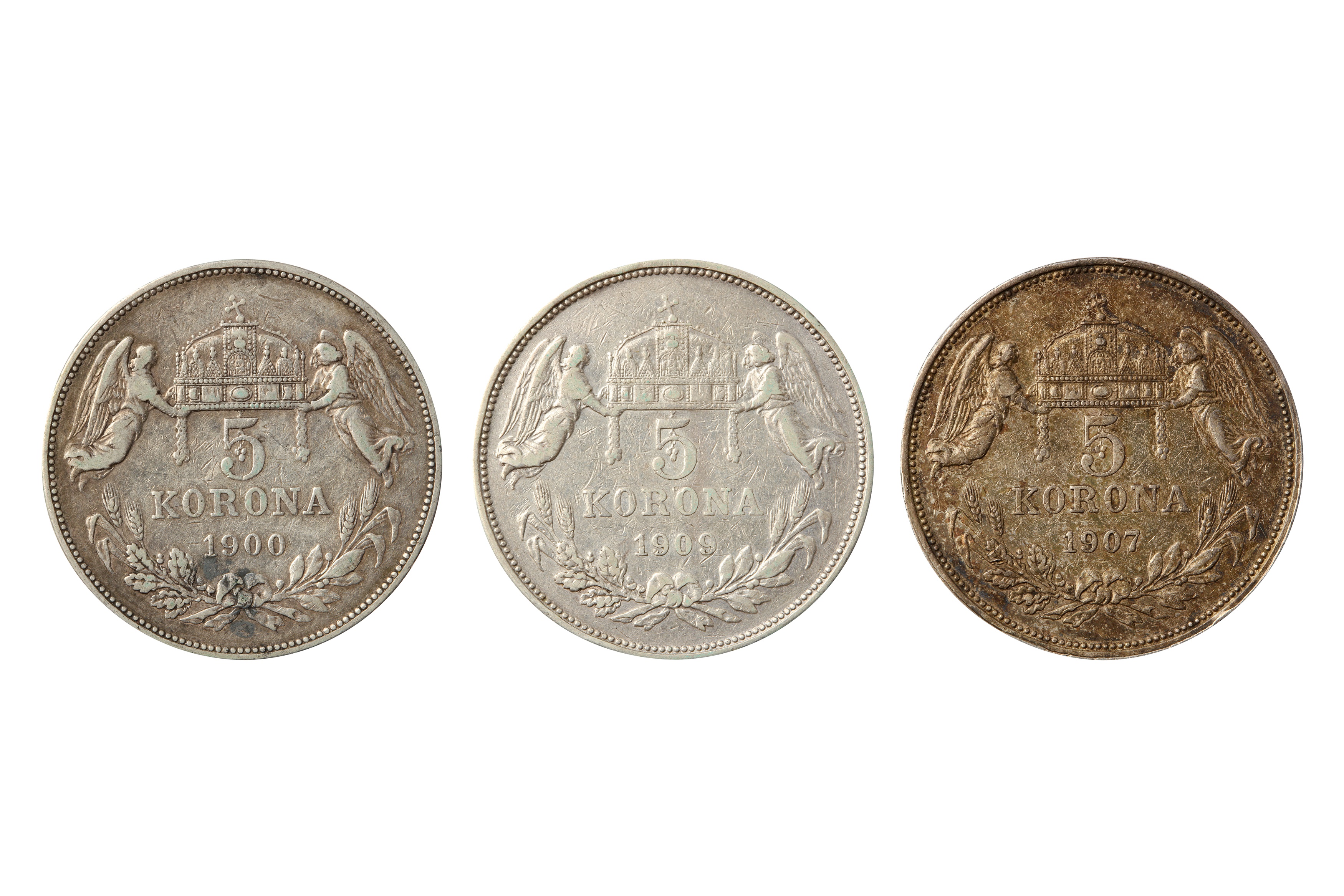 HUNGARY, FRANZ JOSEPH I (1848 - 1916) 1900, 1906 & 1909 FIVE KORONA (3X COINS). - Image 2 of 2