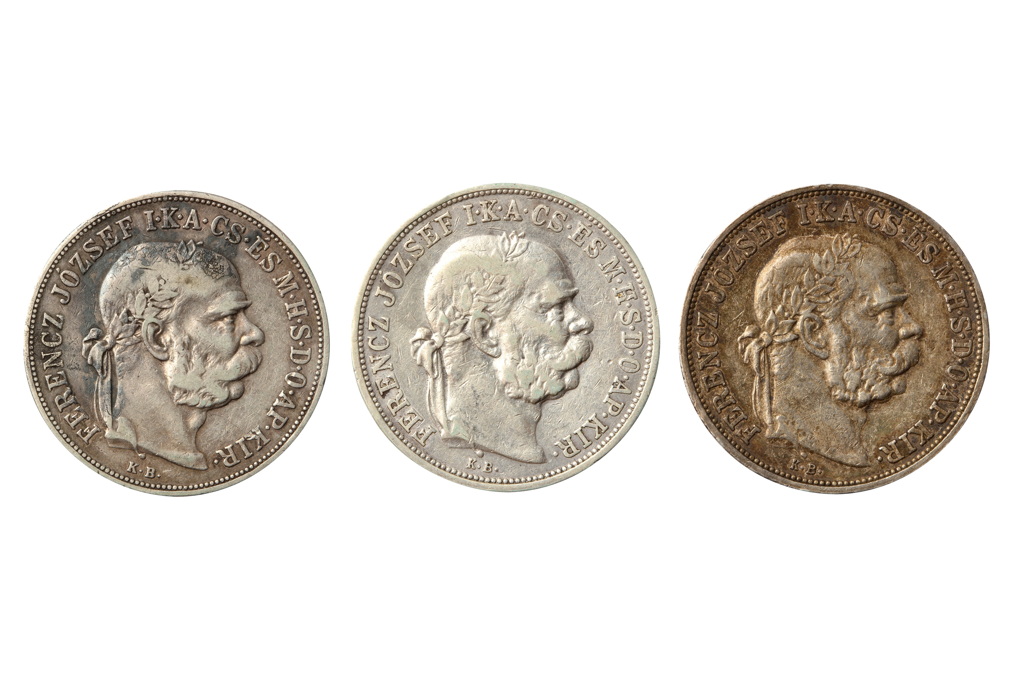HUNGARY, FRANZ JOSEPH I (1848 - 1916) 1900, 1906 & 1909 FIVE KORONA (3X COINS).
