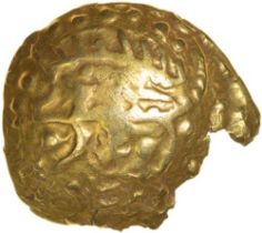 Lindsey Scyphate. Left Type. Corieltauvi. c.50-40 BC. Celtic gold quarter stater. 16mm. 1.38g.