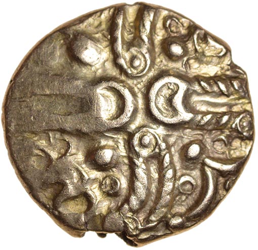 Middle Whaddon Chase. Leaves In Type. Catuvellauni. c.55-45 BC. Celtic gold stater. 17mm. 5.40g.
