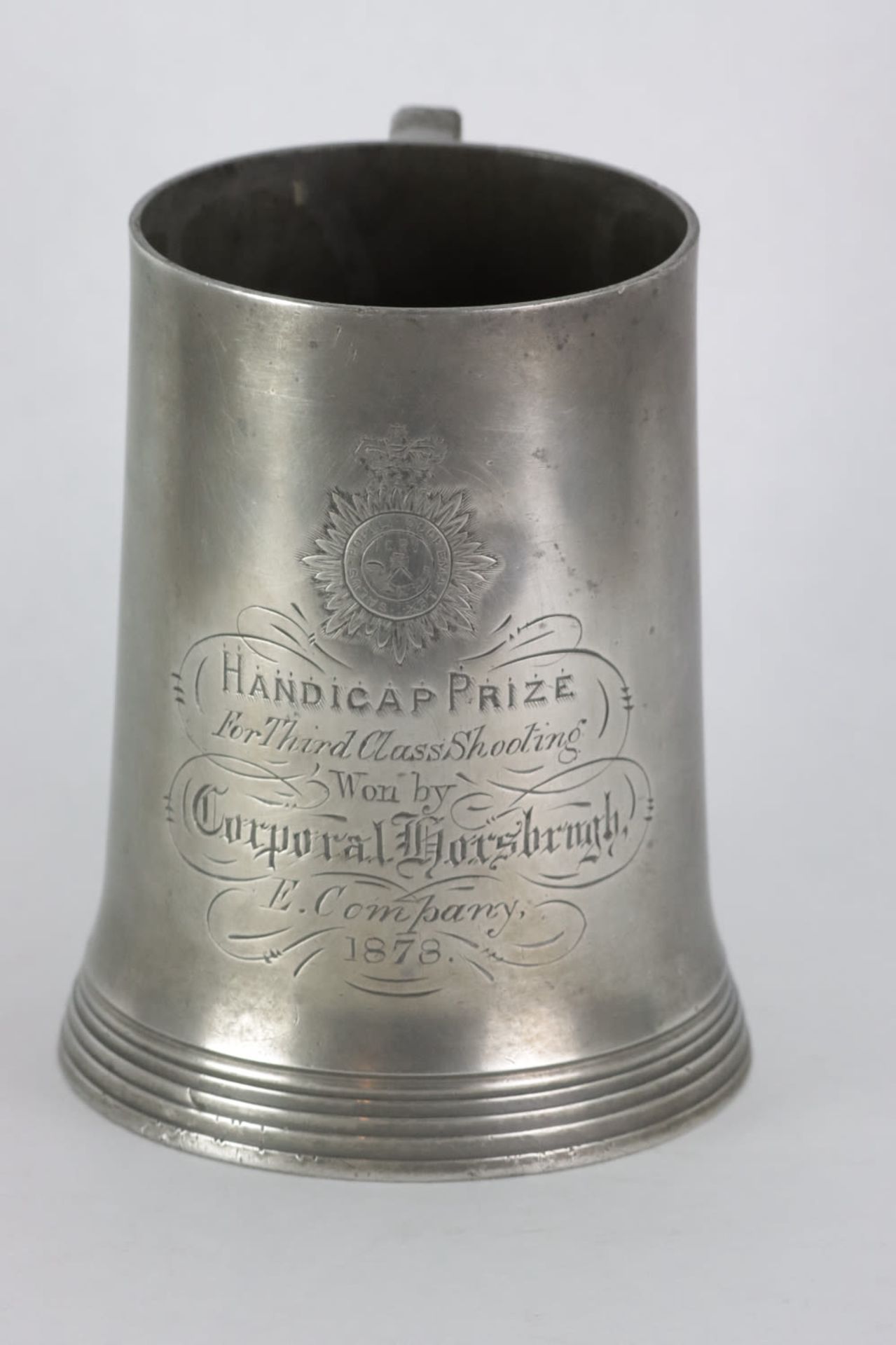 A Sanders & Sons Pewter Mug Tankard engraved for the ICRV, 19th Century - Image 2 of 6