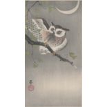 Horned owl on gingko tree branch with a crescent moon, Koson Ohara 1877-1945