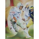 A pair of cubistic paintings of American football players, Mid-20th Century