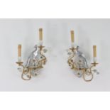 A Pair of crystal and gilt parrot wall lights by Banci Firenze, Mid 20th Century