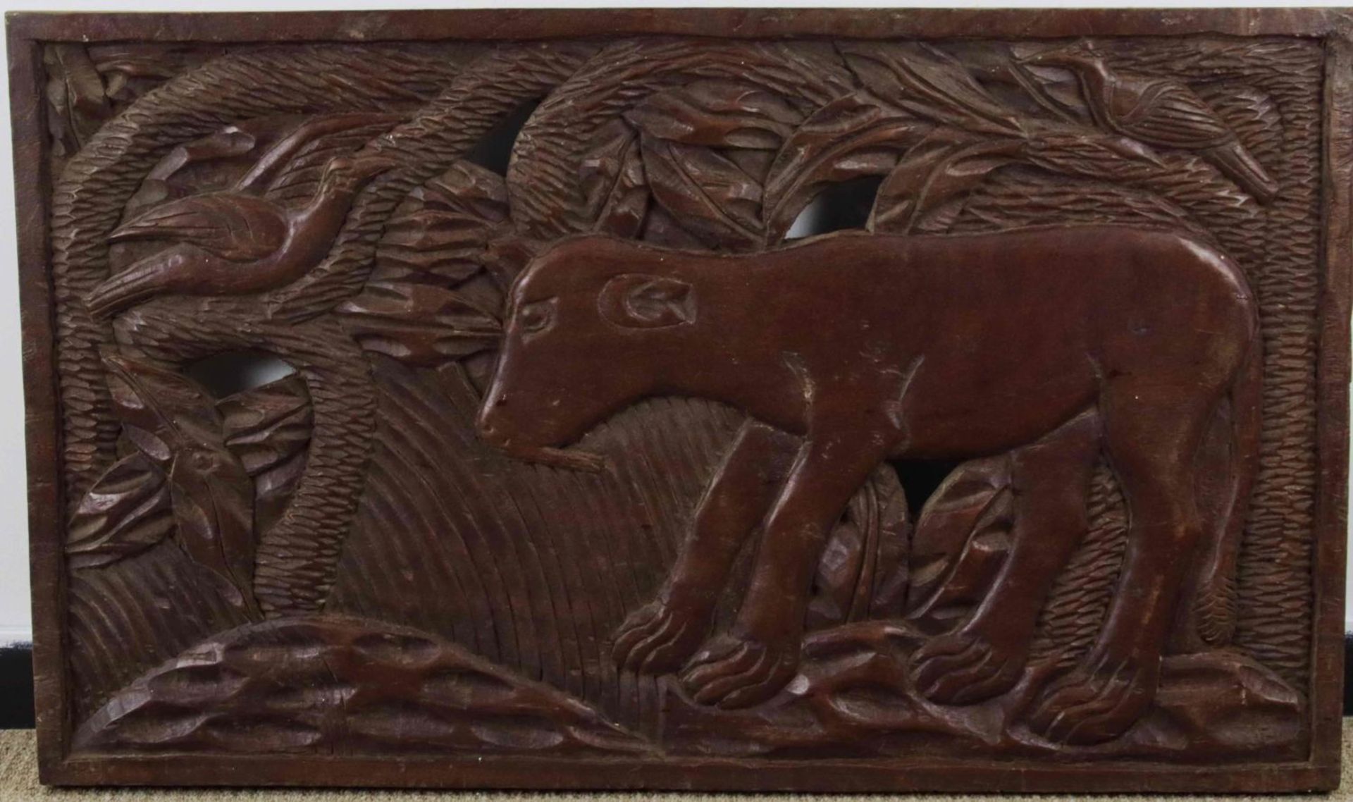 A pair of carved teak wood panels with animals, 20th Century - Image 2 of 2