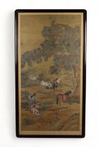 A large Chinese painting in ink and colour on silk depicting horses, After Lang Shining (Giuseppe Ca