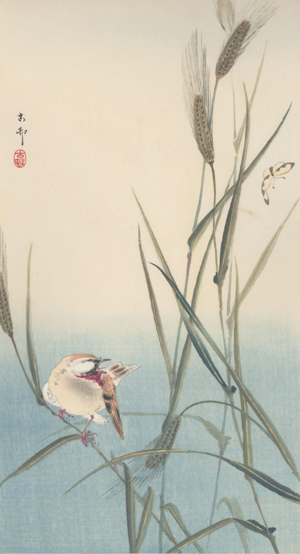 Songbird on barley stalk, Koson Ohara 1877-1945