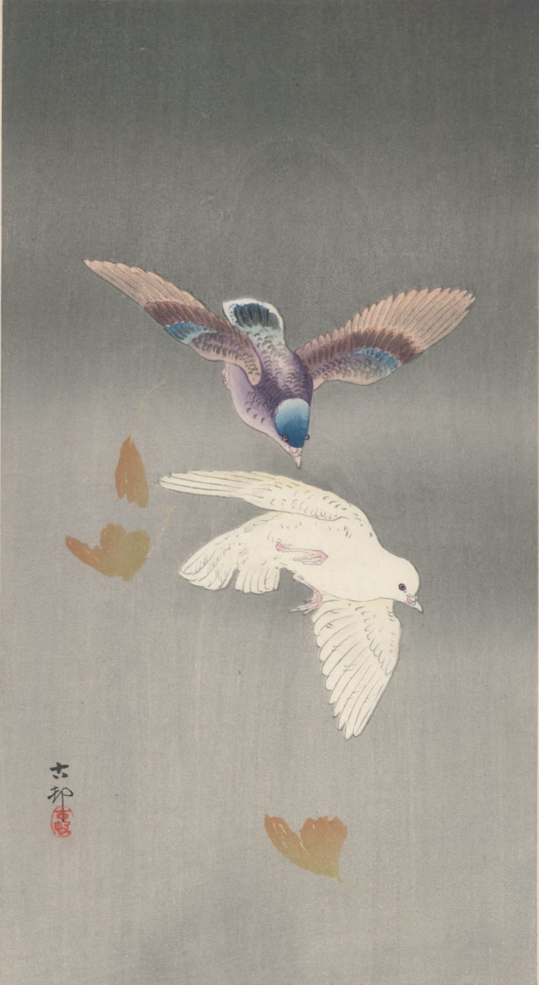 Two pigeons with falling ginkgo leaves, Koson Ohara 1877-1945