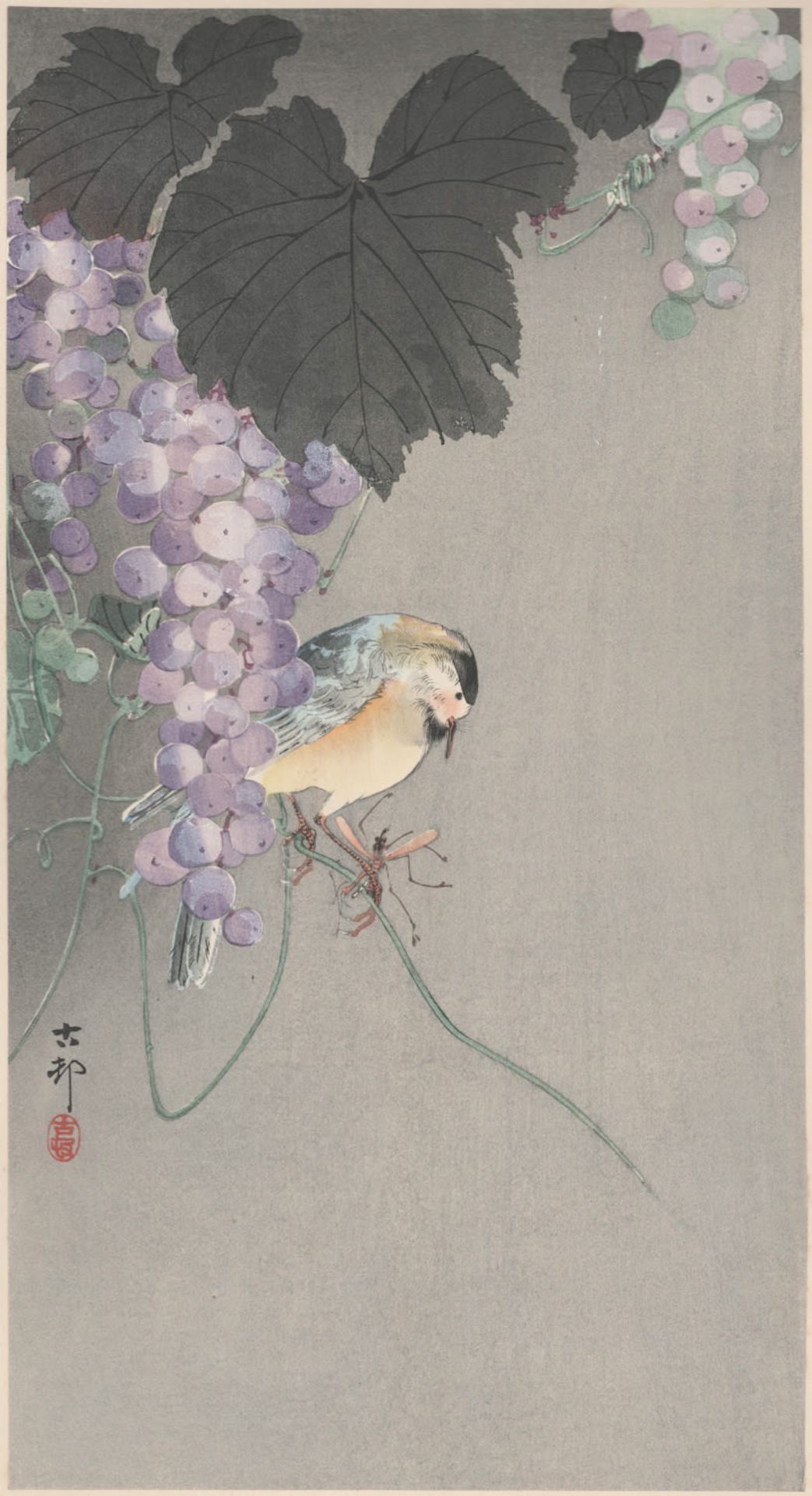 Willow tit on vine with insect, Koson Ohara 1877-1945