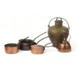 A group of copperware including teapot, various pans, etc, 19th Century