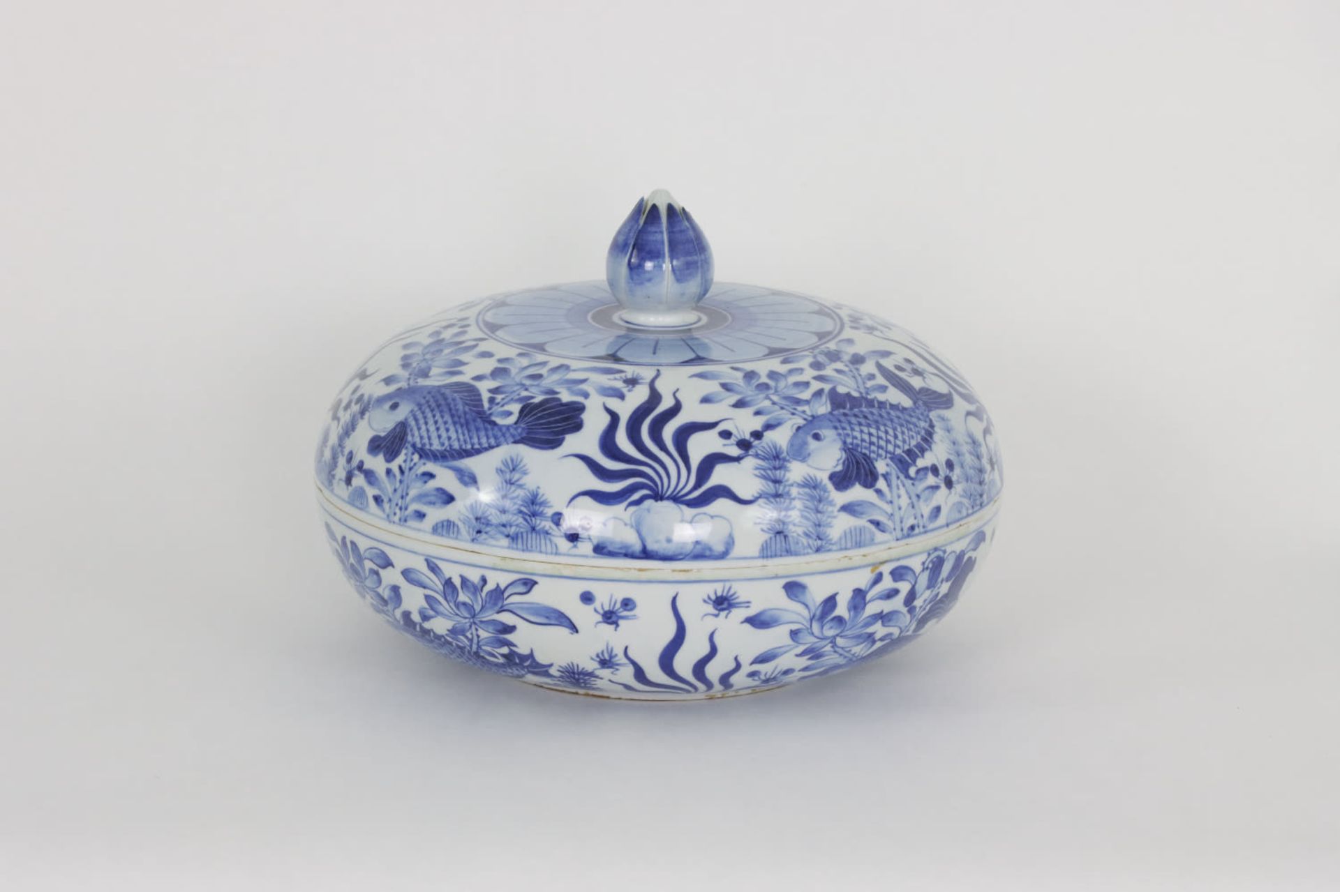 A Chinese blue and white lidded centerpiece bowl with Lotus finial. 20th Century