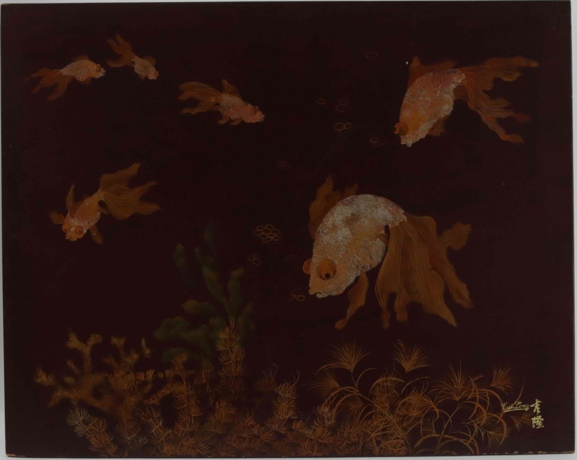 A pair of Polychrome lacquer wood panels depicting goldfishes, Cat Long (XXth) - Image 3 of 4