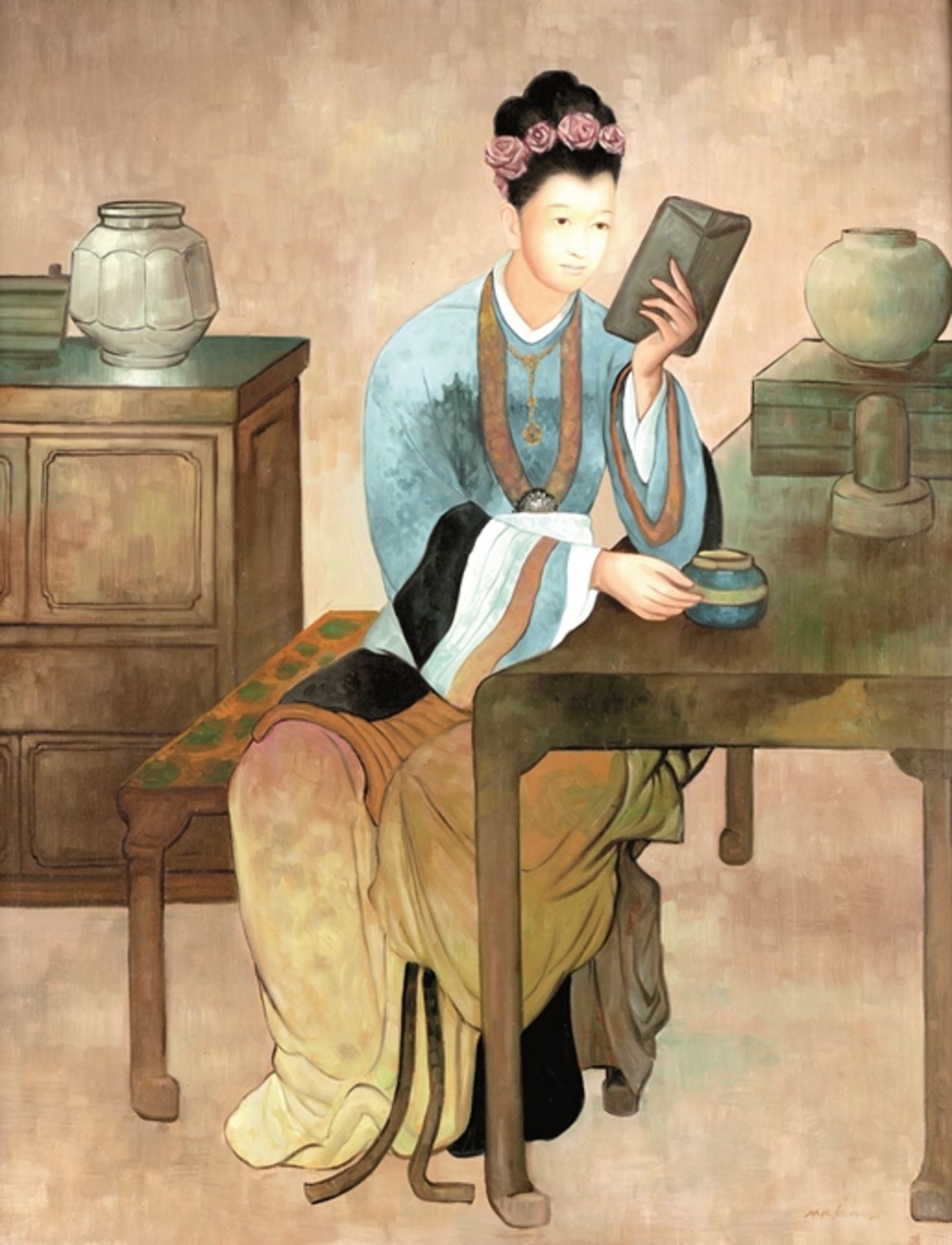 Lesende Asiatin mit Rosen im Haar