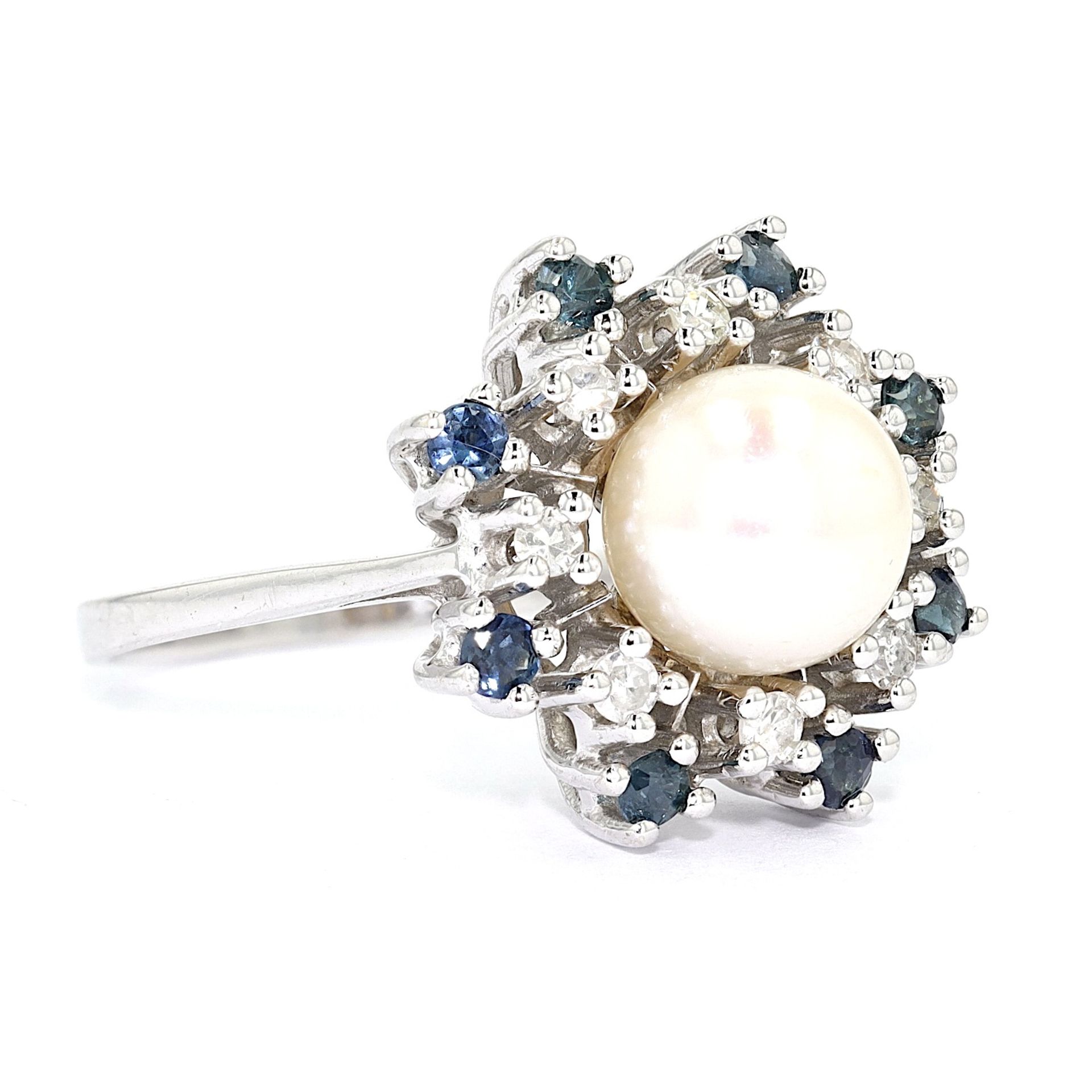 Ring 585 gold with cultured pearl, diamonds and sapphires - Image 3 of 6