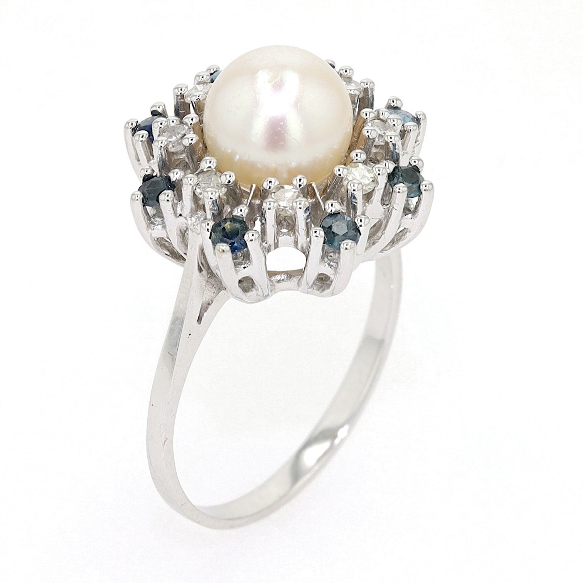 Ring 585 gold with cultured pearl, diamonds and sapphires - Image 6 of 6