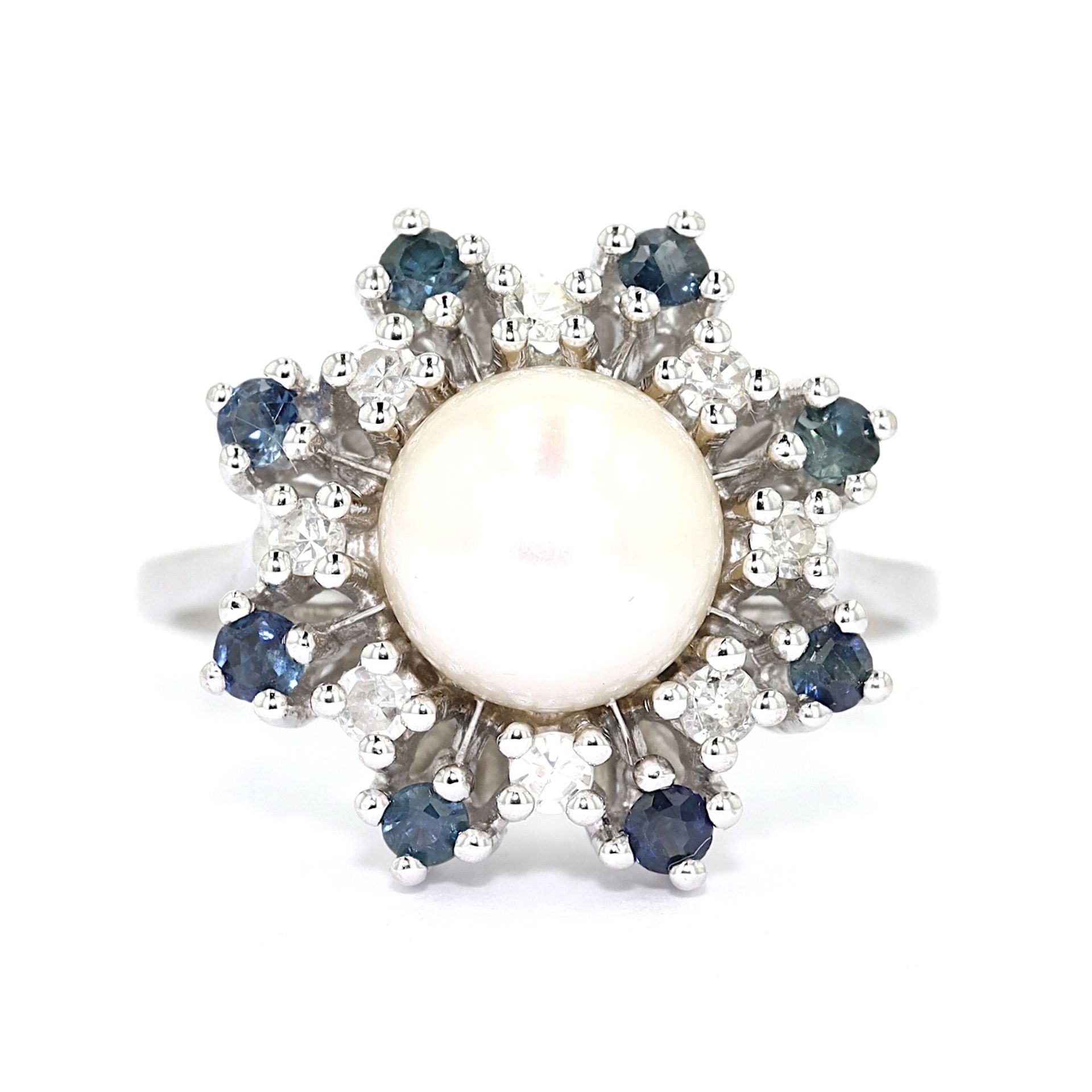 Ring 585 gold with cultured pearl, diamonds and sapphires