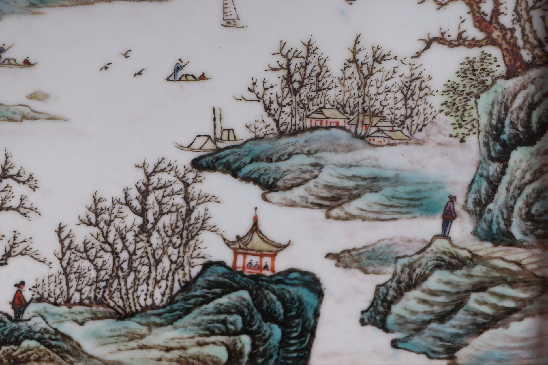 A Chinese rectangular porcelain plaque depicting a river landscape scene, framed, 42 by 26cms. - Image 3 of 4
