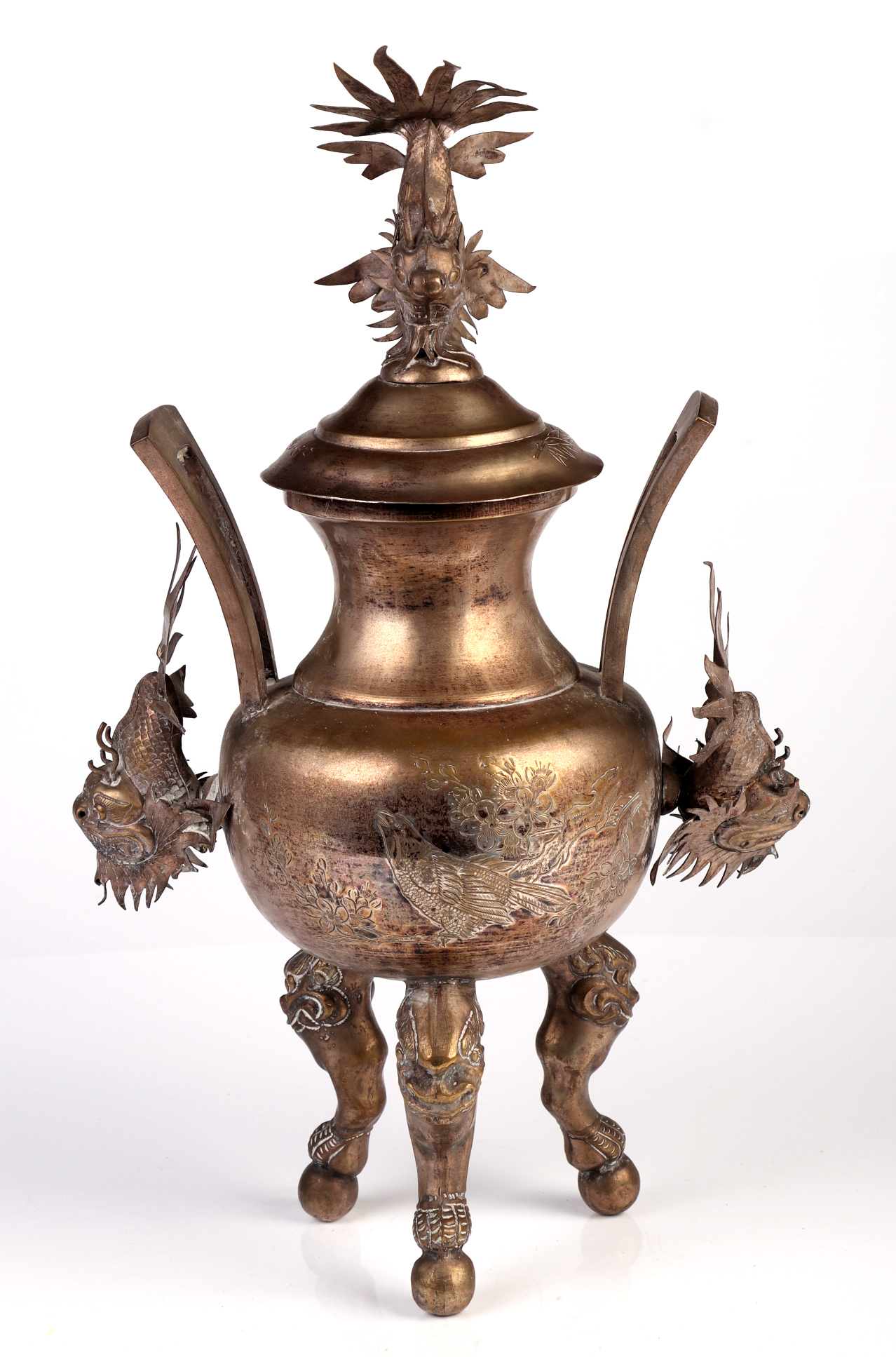 A 19th century Chinese silver coloured metal censer and cover with stylised fish handles and