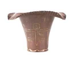 A punch decorated copper vase in the form of an upturned conical hat, decorated with a fence and