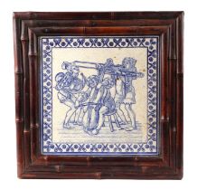 A Delft blue & white tile depicting musicians, 20 by 20cms, in a faux bamboo frame.