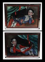 A pair of Chinese Qing dynasty reverse glass mirror paintings depicting reclining ladies holding