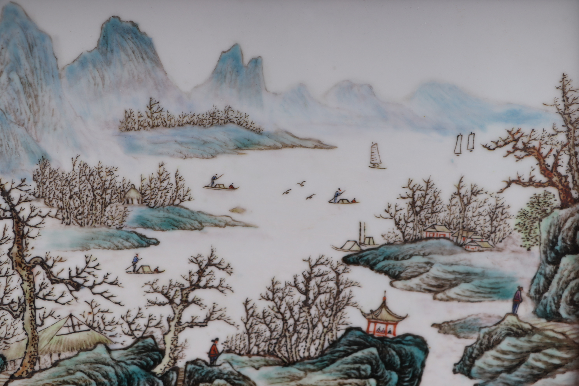 A Chinese rectangular porcelain plaque depicting a river landscape scene, framed, 42 by 26cms. - Image 2 of 4