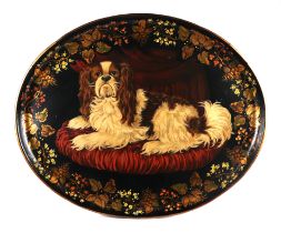 An 18th century style toleware metal tray decorated with a King Charles spaniel, 75cms wide.