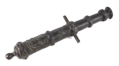 A bronze table cannon, possibly 18th century, 35cms long, lacks carriage.
