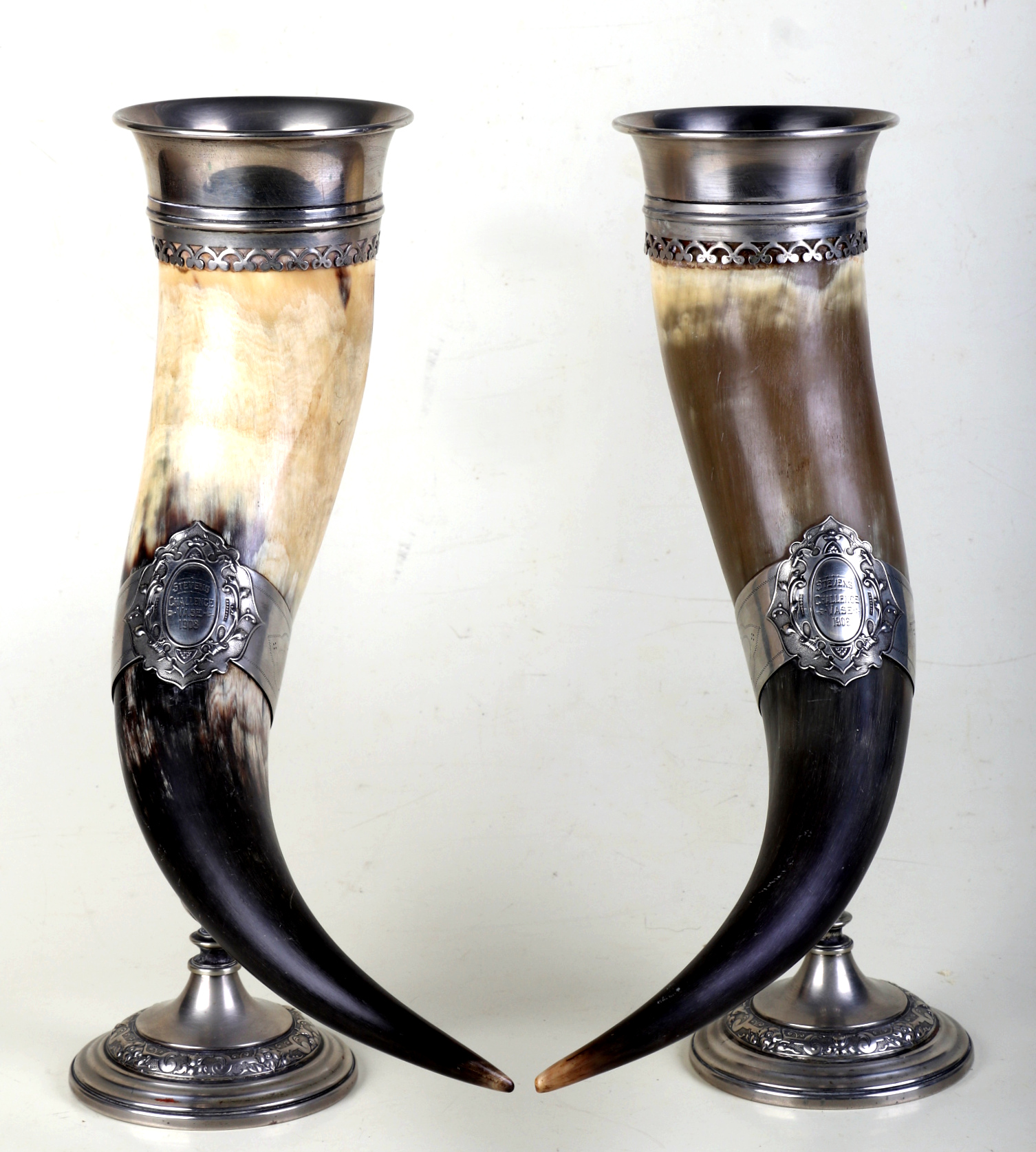 Horn Silver Example A pair of Edwardian silver plated mounted horns with engraved ...