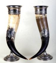 A pair of Edwardian silver plated mounted horns with engraved presentation inscription 'Stevens