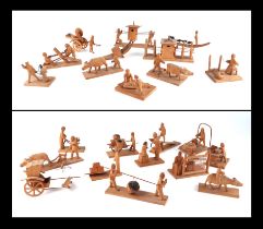 A small collection of Chinese Republic style carved wooden figures to include horse & cart, sedan