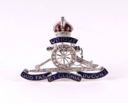 An 18ct white gold enamel diamond set Royal Artillery Sweetheart brooch, 6.5g.