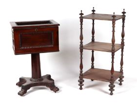 A William IV rosewood work table, the rectangular box with lift-out tray, on a tapering circular