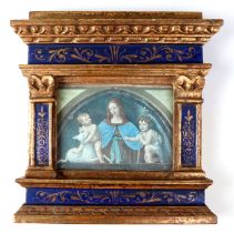 A giltwood tabernacle frame containing a coloured print depicting Madonna and Child, overall 20 by