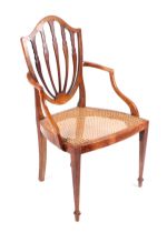 A 19th century Hepplewhite style elbow chair with caned seat, on square tapering front supports