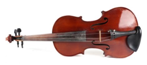 A Japanese Stradivarius copy of a two-piece violin, 59cms long; together with two bows, cased.