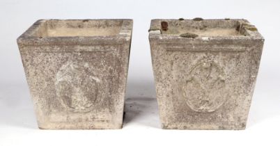 A pair of well weathered reconstituted stone square planters, 36cms wide. (2).