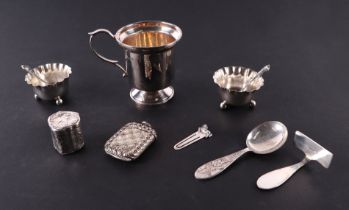 A silver christening tankard; together with a pair of silver salts; other silver items and a