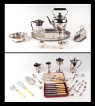 A quantity of silver plated items to include an Elkington spirit kettle on stand, a galleried