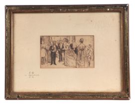 Charles Keene (1823-1891) - A Bagpiper at a Ball - pen & ink, 'C. K.' stamped lower right, framed