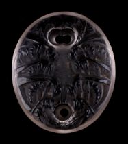 A Rene Lalique frosted glass Guêpes pendant with moulded foliate decoration, model 1650, signed 'R