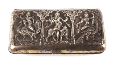 A heavily embossed Indian or Burmese silver cigar case with traditional figural decoration, 13cms