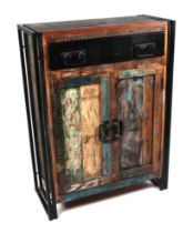 An industrial style distressed painted side cabinet with single frieze drawer above a cupboard,