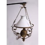 A Victorian brass hanging oil light with opaque white glass shade, 48cms diameter.