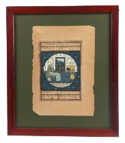 An Indo-Persian watercolour depicting figures within a roundel and calligraphy, framed & glazed,