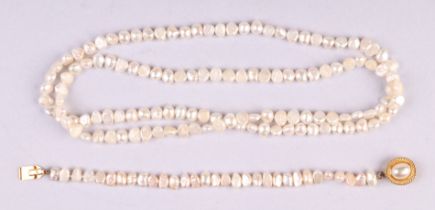 A pearl necklace; together with a matching pearl bracelet with yellow metal clasp.
