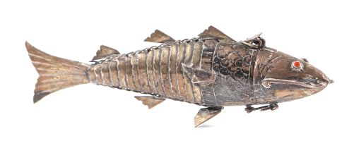 A white metal (tests as silver) Jewish articulated fish Besamim spice box, 13cm long, 49g. Condition